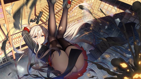 Anime picture 1778x1000 with original haneru single long hair looking at viewer blush fringe highres blue eyes light erotic hair between eyes wide image holding silver hair pleated skirt arm up from above high heels falling explosion