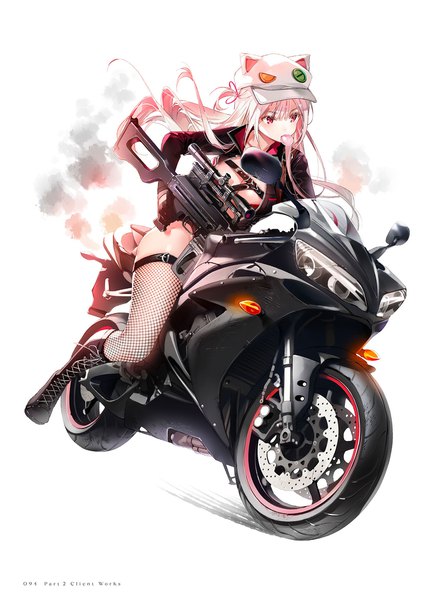 Anime picture 1419x1920 with girls frontline ukm-2000 (girls frontline) ukm-2000 (breakneck whirlwind) (girls frontline) dsmile single long hair tall image light erotic simple background white background looking away pink hair full body pink eyes official art official alternate costume smoke bubble blowing girl thighhighs