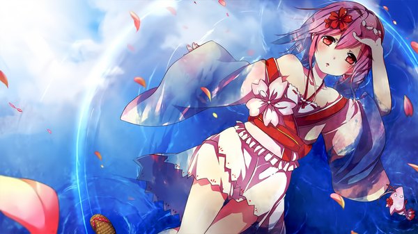 Anime picture 1920x1080 with sergestid shrimp in tungkang xuan ying mao yuzi single looking at viewer blush fringe highres short hair hair between eyes red eyes wide image bare shoulders pink hair sky cloud (clouds) lying parted lips hair flower from above