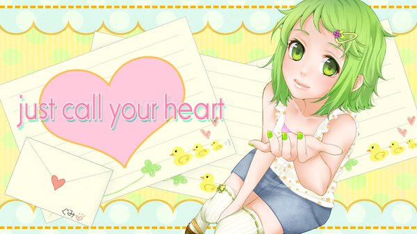 Anime picture 1920x1080 with vocaloid gumi masami chie single highres short hair wide image green eyes nail polish green hair inscription outstretched arm green nail polish girl thighhighs hair ornament white thighhighs heart hairclip