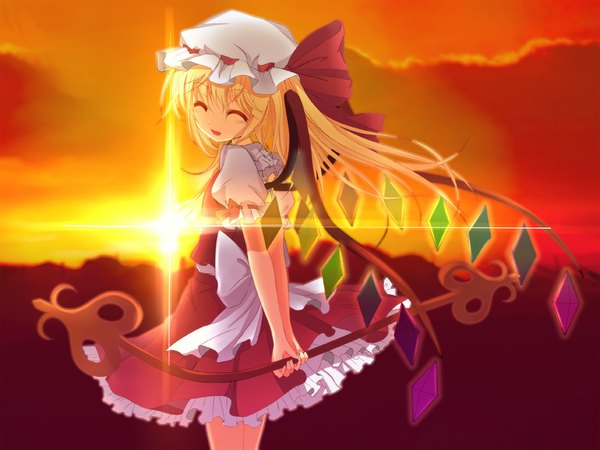 Anime picture 1024x768 with touhou flandre scarlet greave (asterism) blonde hair eyes closed looking back sunlight one side up evening sunset girl skirt bow weapon hat wings skirt set laevatein (touhou)