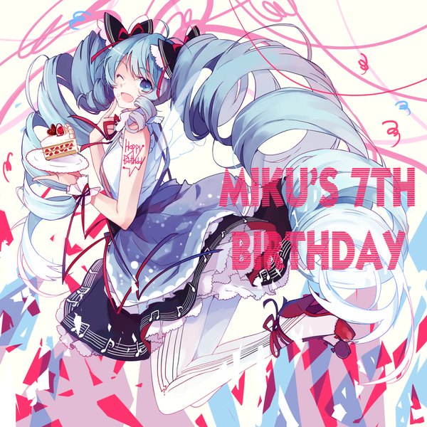 Anime picture 1328x1328 with vocaloid hatsune miku mikuru rumisora single looking at viewer open mouth blue eyes twintails blue hair very long hair one eye closed wink high heels drill hair finger to mouth jumping happy birthday 2014 girl bow