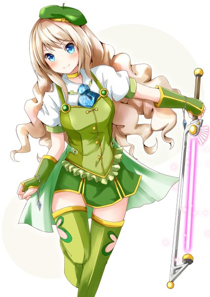 Anime picture 920x1300 with original ok-ray single long hair tall image blush blue eyes simple background blonde hair girl dress weapon sword thigh boots beret