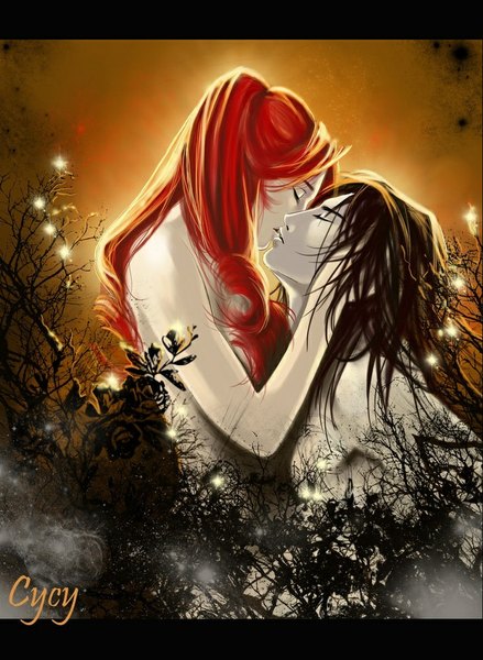 Anime picture 731x1000 with original juliette asmodee syrkell long hair tall image black hair simple background red hair eyes closed profile orange hair couple hug drill hair face to face framed almost kiss curly hair orange background