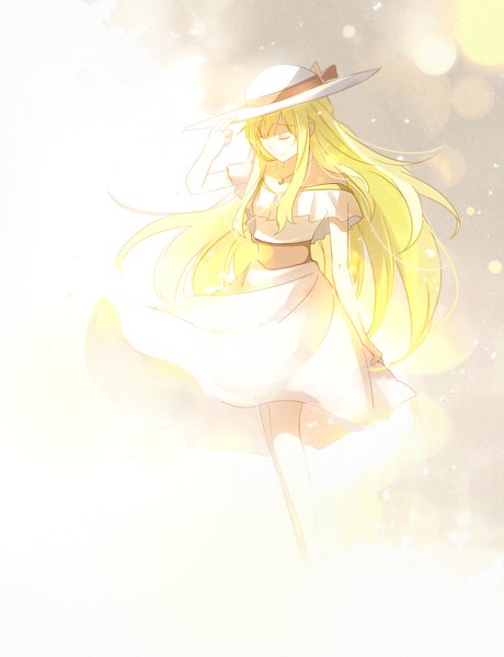 Anime picture 800x1043 with aldnoah.zero a-1 pictures asseylum vers allusia aki (neyuki41028) single long hair tall image fringe blonde hair standing payot eyes closed light smile wind blurry bare legs lens flare adjusting hat girl dress