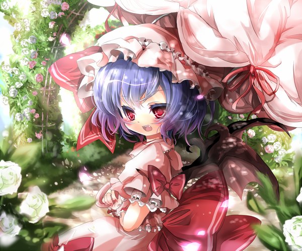 Anime picture 1000x833 with touhou remilia scarlet emia (castilla) single blush short hair open mouth red eyes blue hair girl flower (flowers) bow plant (plants) wings umbrella bonnet