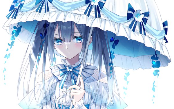 Anime picture 1400x881 with original kazunehaka single long hair looking at viewer blush fringe blue eyes hair between eyes white background twintails holding payot silver hair upper body blunt bangs nail polish light shaded face lolita fashion