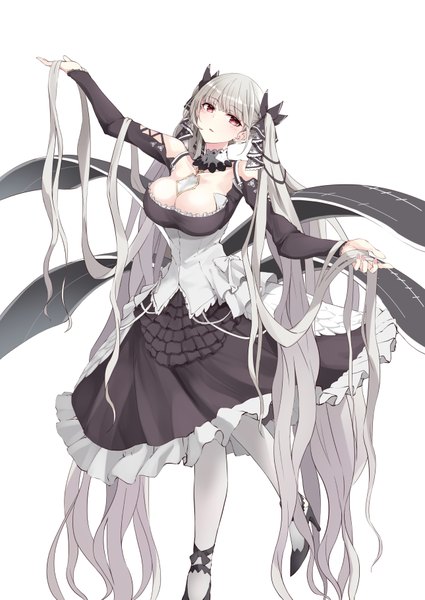 Anime picture 1290x1821 with azur lane formidable (azur lane) fuu (fuore) single tall image looking at viewer blush fringe breasts simple background red eyes large breasts standing white background twintails full body blunt bangs very long hair head tilt grey hair