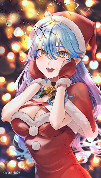 Anime picture 1000x1750 with virtual youtuber hololive yukihana lamy sushida0k single long hair tall image looking at viewer blush fringe breasts open mouth light erotic smile hair between eyes large breasts signed yellow eyes blue hair upper body