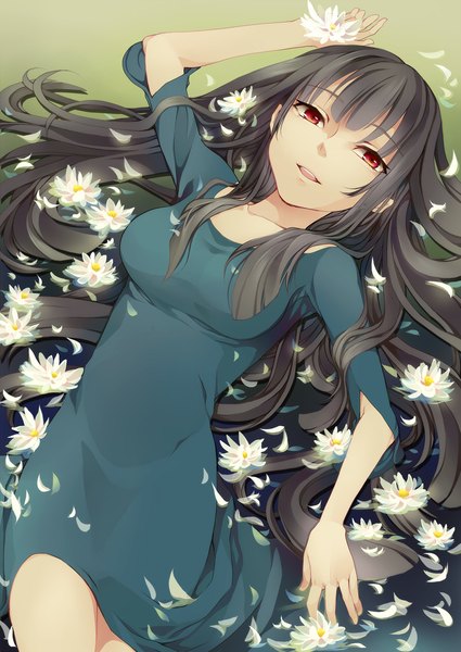 Anime picture 781x1103 with original mikuni (mikunik) single tall image looking at viewer fringe breasts black hair red eyes lying on back girl dress flower (flowers) petals water water lily