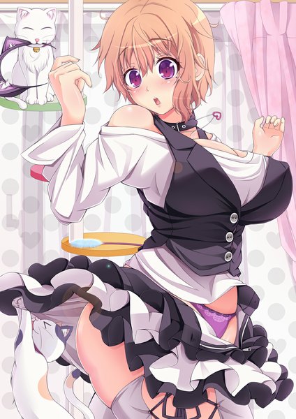 Anime picture 800x1132 with original meme (meropan) melopun single tall image blush short hair breasts open mouth light erotic brown hair large breasts purple eyes bare shoulders girl thighhighs dress underwear panties animal