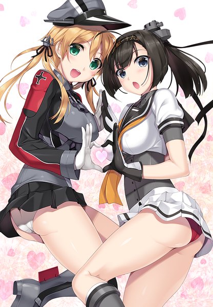 Anime picture 693x1000 with kantai collection prinz eugen (kantai collection) akizuki destroyer nakano sora long hair tall image looking at viewer blush short hair open mouth blue eyes light erotic black hair simple background blonde hair twintails multiple girls green eyes ponytail pleated skirt