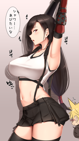 Anime picture 810x1440 with final fantasy final fantasy vii final fantasy vii remake square enix tifa lockhart cloud strife shuugetsu karasu long hair tall image blush breasts open mouth light erotic simple background red eyes brown hair large breasts profile arm up grey background