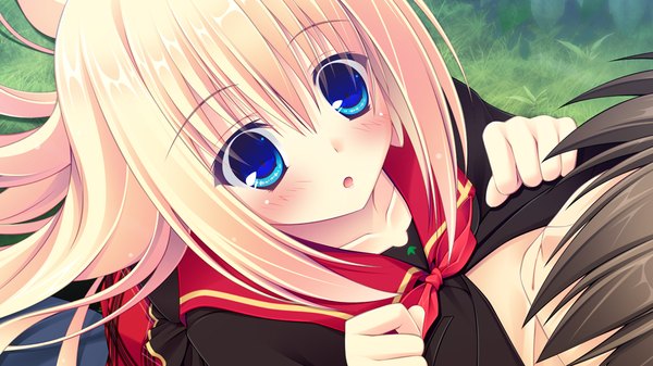 Anime picture 1024x576 with lovely quest long hair blush blue eyes blonde hair wide image game cg girl uniform school uniform
