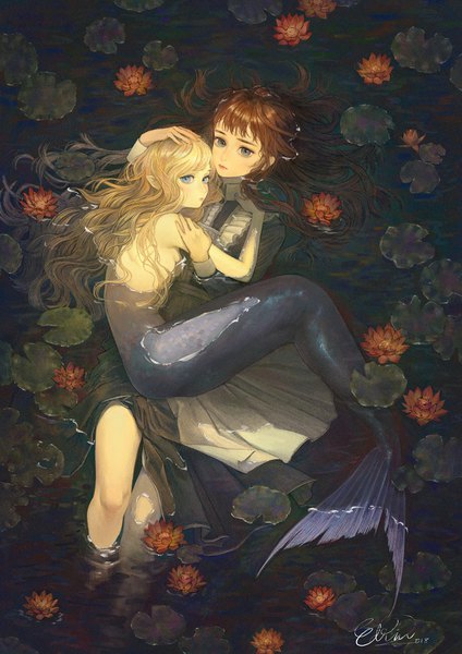 Anime picture 800x1132 with original iogi (edrin alfari) long hair tall image looking at viewer blue eyes light erotic blonde hair brown hair multiple girls signed pointy ears hug partially submerged topless shoujo ai monster girl afloat girl flower (flowers)