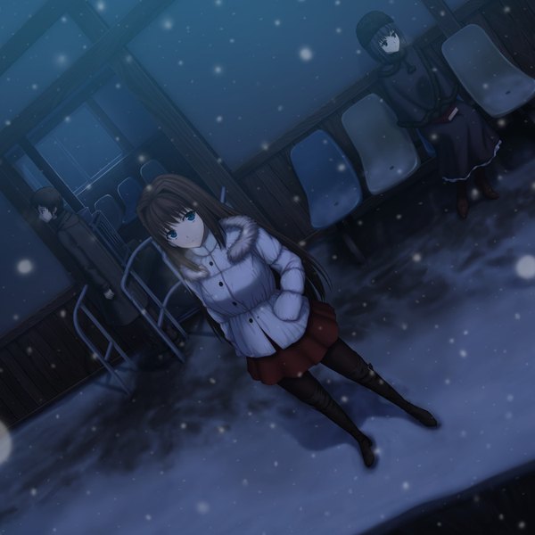 Anime picture 1500x1500 with mahou tsukai no yoru aozaki aoko kuonji alice shizuki soujuurou yumemizuki long hair short hair blue eyes black hair sitting multiple girls looking away snowing winter hands in pockets waiting girl boy skirt 2 girls