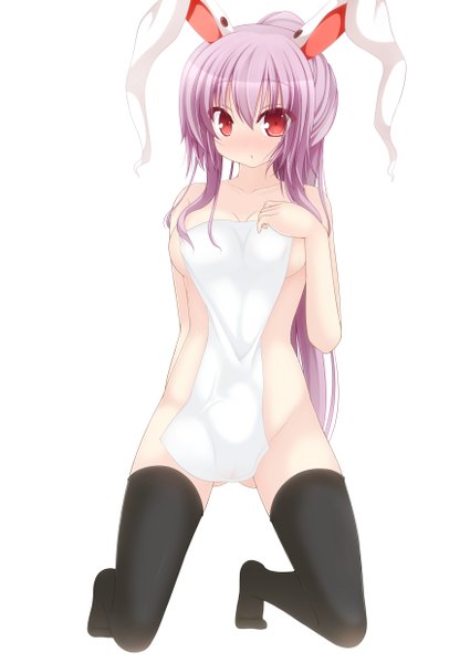 Anime picture 1756x2479 with touhou reisen udongein inaba chimunge single long hair tall image looking at viewer highres light erotic simple background red eyes white background purple hair bunny ears bunny girl covering nude cover girl thighhighs black thighhighs
