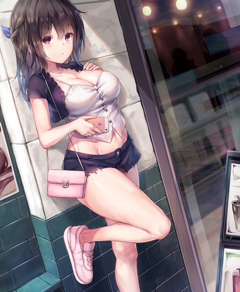 Anime picture 1586x1928 with original apple inc. tama satou single long hair tall image looking at viewer blush fringe breasts light erotic hair between eyes brown hair large breasts standing purple eyes cleavage bent knee (knees) outdoors fingernails