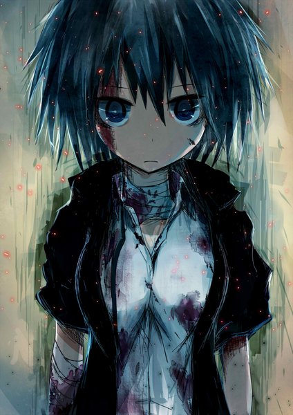 Anime picture 1413x2000 with original sune (mugendai) single tall image looking at viewer short hair blue eyes standing multicolored hair girl shirt blood bandage (bandages)