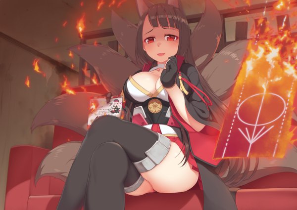 Anime picture 1200x850 with azur lane akagi (azur lane) tachimi (basue) single long hair looking at viewer blush fringe breasts open mouth light erotic red eyes brown hair large breasts sitting animal ears tail animal tail fox ears crossed legs
