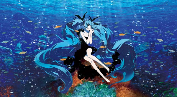 Anime picture 2000x1102 with vocaloid shinkai shoujo (vocaloid) hatsune miku haruyo (imokenp) single highres smile wide image sitting twintails bare shoulders very long hair barefoot aqua eyes aqua hair legs underwater girl dress fish (fishes)