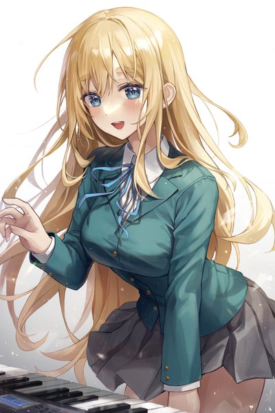 Anime picture 2000x3000 with k-on! kyoto animation kotobuki tsumugi aibek single long hair tall image looking at viewer blush fringe highres open mouth blue eyes simple background blonde hair smile standing long sleeves :d pleated skirt