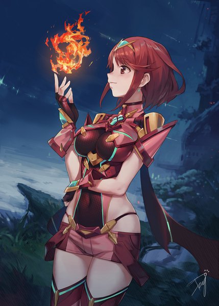 Anime picture 1500x2098 with xenoblade xenoblade 2 pyra (xenoblade) tugo single tall image short hair breasts light erotic red eyes standing signed payot looking away outdoors red hair profile light smile night night sky