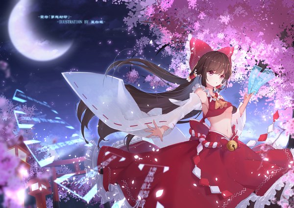Anime picture 1920x1358 with touhou hakurei reimu shimutsuki single long hair highres breasts light erotic brown hair purple eyes night :o cherry blossoms outstretched arm underboob crescent girl skirt bow hair bow