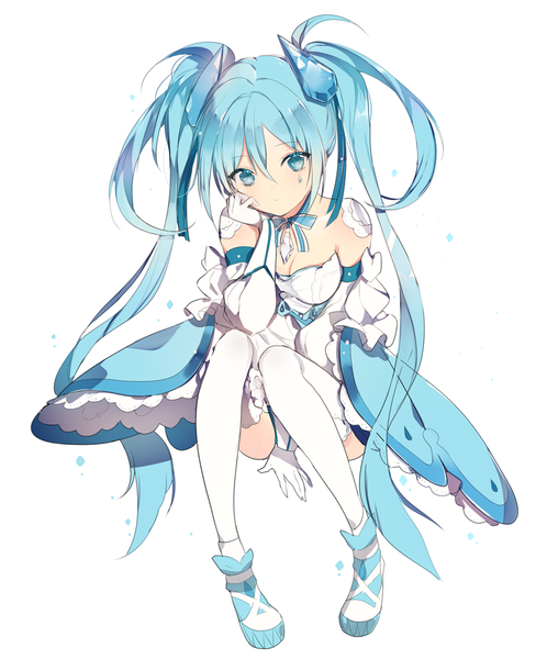 Anime picture 800x963 with vocaloid hatsune miku namida miku lpip single tall image looking at viewer fringe simple background white background sitting twintails cleavage full body very long hair head tilt aqua eyes aqua hair arm support facial mark