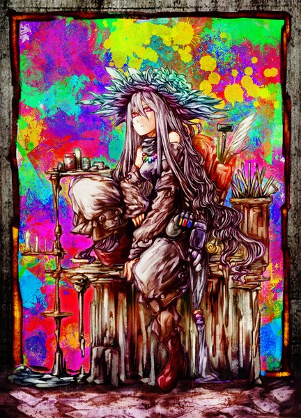 Anime picture 1200x1665 with original akasia single long hair tall image looking at viewer sitting pink eyes grey hair wavy hair framed girl hat paintbrush paint art brush