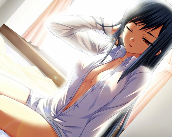 Anime picture 1280x1024 with amano yuu single long hair breasts light erotic black hair brown eyes one eye closed wink open clothes open shirt girl shirt bedroom