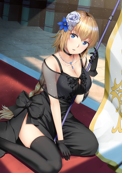 Anime picture 979x1385 with fate (series) fate/grand order fate/apocrypha jeanne d'arc (fate) (all) jeanne d'arc (formal dress) (fate) primamiya single long hair tall image looking at viewer blush fringe breasts blue eyes blonde hair hair between eyes sitting holding cleavage braid (braids)