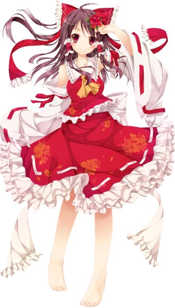 Anime picture 2842x5000 with touhou hakurei reimu nironiro single long hair tall image highres black hair simple background red eyes white background ahoge hair flower miko girl skirt hair ornament bow hair bow detached sleeves