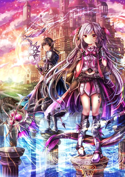 Anime picture 1217x1720 with original rudia long hair tall image looking at viewer red eyes brown hair brown eyes animal ears looking away purple hair ahoge ponytail horn (horns) magic fantasy knight meadow girl boy