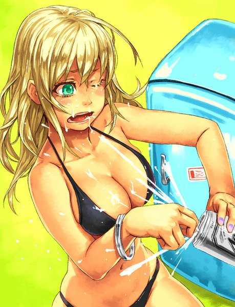 Anime picture 766x1000 with original asahi (company) asahi (beer) mustard seeds yuuji (and) single long hair tall image breasts open mouth light erotic simple background blonde hair large breasts green eyes one eye closed wink skindentation yellow background green background