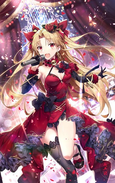 Anime picture 631x1000 with fate (series) fate/grand order ereshkigal (fate) gabiran single long hair tall image looking at viewer blush fringe breasts open mouth blonde hair red eyes standing holding signed cleavage :d hair flower