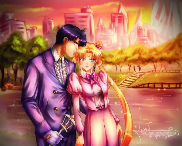 Anime picture 1024x824 with bishoujo senshi sailor moon toei animation tsukino usagi chiba mamoru axsen axsens looking at viewer short hair blue eyes blonde hair twintails purple hair very long hair hair bun (hair buns) puffy sleeves couple crescent girl boy skirt