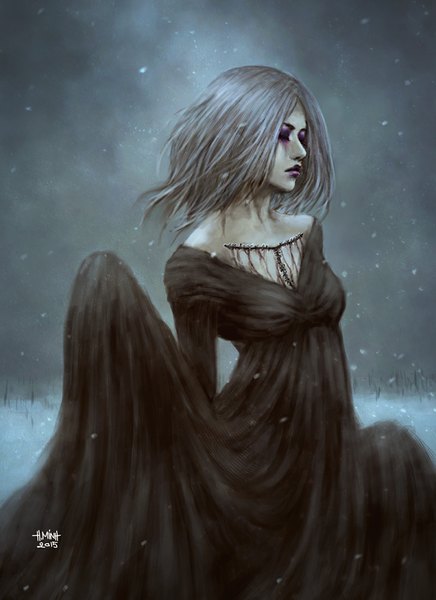 Anime picture 800x1100 with original nanfe single long hair tall image standing signed sky silver hair eyes closed profile lips lipstick snowing winter snow eyebrows eyeshadow injury purple lipstick