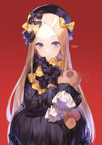 Anime picture 700x990 with fate (series) fate/grand order abigail williams (fate) kim eb single long hair tall image looking at viewer fringe blue eyes blonde hair simple background standing signed long sleeves loli hug sleeves past wrists red background polka dot