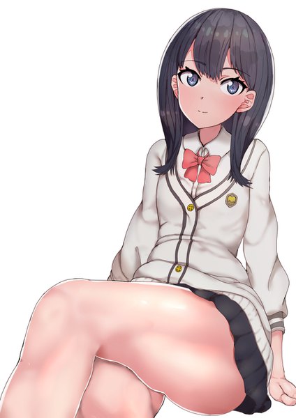 Anime picture 992x1403 with gridman universe ssss.gridman studio trigger takarada rikka sikijou77o single long hair tall image looking at viewer blush fringe blue eyes light erotic black hair simple background white background sitting arm support crossed legs thick thighs