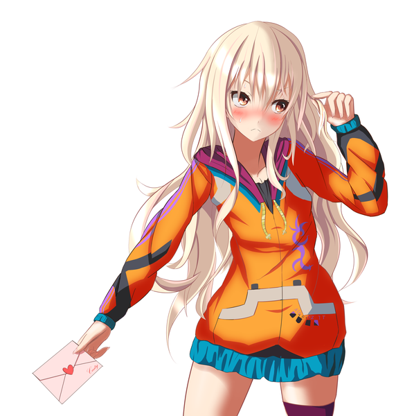 Anime picture 3176x3333 with ar nosurge casty rianoit asari (tepo) single long hair tall image blush fringe highres simple background blonde hair hair between eyes standing white background brown eyes signed looking away absurdres long sleeves sweat