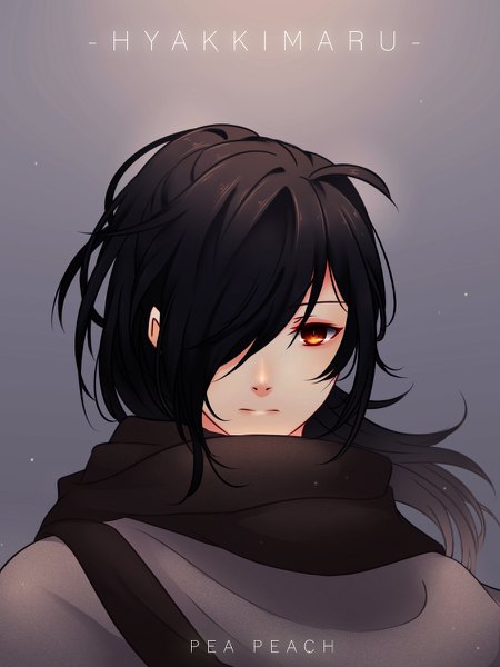 Anime picture 900x1200 with dororo (tezuka) hyakkimaru (dororo) pea peach single long hair tall image looking at viewer fringe black hair simple background signed upper body ponytail hair over one eye grey background orange eyes character names boy scarf