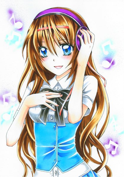 Anime picture 1120x1600 with original ayana (natsumii chan) nami (nyaa) single long hair tall image blush blue eyes smile brown hair girl ribbon (ribbons) hair ribbon shirt headphones