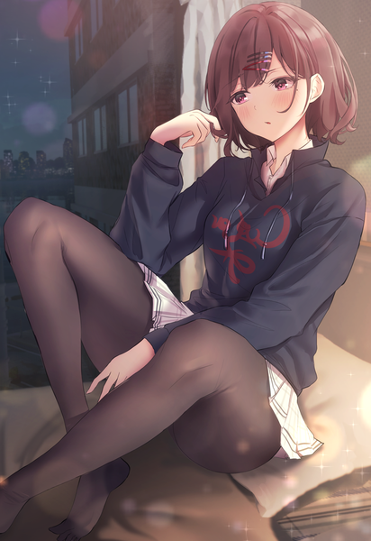 Anime picture 1500x2186 with idolmaster idolmaster shiny colors higuchi madoka po ppe single tall image blush fringe short hair open mouth brown hair sitting purple eyes looking away full body bent knee (knees) long sleeves pleated skirt mole mole under eye