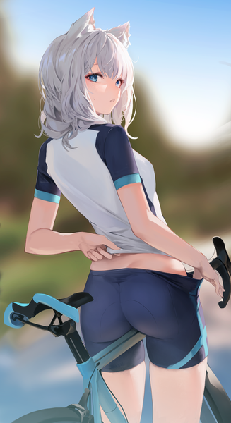 Anime picture 1600x2933 with blue archive shiroko (blue archive) shiroko (cycling) (blue archive) leviathan (hikinito0902) single long hair tall image looking at viewer blush fringe blue eyes light erotic standing animal ears silver hair outdoors ass blunt bangs looking back from behind