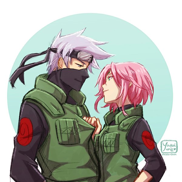 Anime picture 800x800 with naruto studio pierrot naruto (series) haruno sakura hatake kakashi youkai yume (artist) short hair simple background smile holding brown eyes green eyes pink hair purple hair profile grey hair couple face to face girl boy