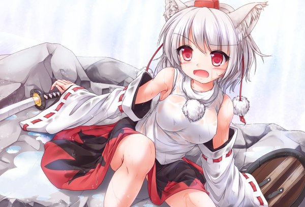 Anime-Bild 1500x1020 mit touhou inubashiri momiji lzh single blush short hair breasts open mouth light erotic red eyes large breasts white background sitting animal ears silver hair pink eyes wide sleeves wet clothes wolf ears wet shirt