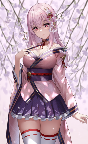 Anime picture 973x1592 with original sion (9117) single long hair tall image looking at viewer fringe breasts simple background hair between eyes large breasts white background holding pink hair cleavage traditional clothes head tilt japanese clothes pleated skirt pink eyes