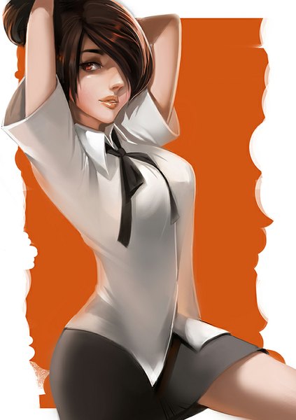 Anime picture 595x842 with long5009 single tall image fringe short hair red eyes brown hair looking away hair over one eye realistic arms behind head girl skirt shirt