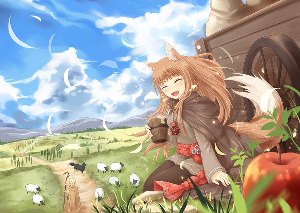 Anime picture 1441x1024 with spice and wolf horo nora arento long hair blush open mouth blonde hair brown hair sitting multiple girls animal ears sky cloud (clouds) tail eyes closed animal tail teeth fang (fangs) mountain girl